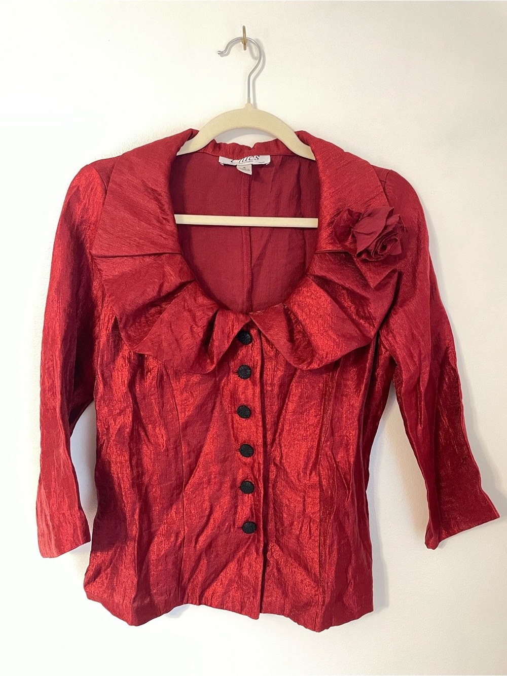 Vintage Red Textured Satin Evening Jacket Rosette Accent Ruffle Collar